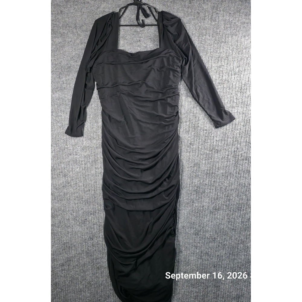 SHEIN Curve Black Ruched Bodycon Midi Dress Square Neck Long Sleeve 3XL